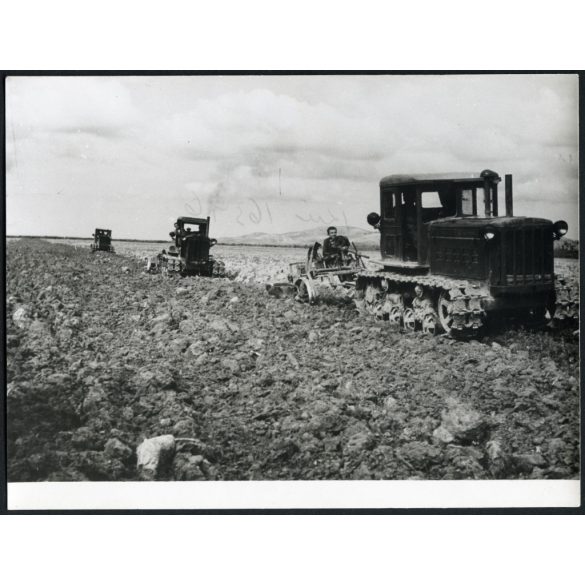 Magyar Távirati Iroda fotó, lánctalpas Dutra traktorok a földeken, mezőgazdaság, jármű, 1950-es évek, szocializmus, Eredeti fotó, hátulján feliratozott, pecséttel ellátott papírkép.  